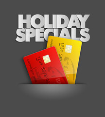 Holiday specials sale & credit bank card banner. Abstract advertising background plastic card icon. Advertising discount poster. online banking tag flyer, Promotional internet shopping sale brochure