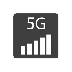 Logotipo de red inalámbrica o wifi de alta velocidad. Texto 5G en cuadrado con barras de potencia de color gris