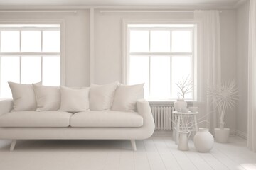 White minimalist living room with sofa. Scandinavian interior design. 3D illustration