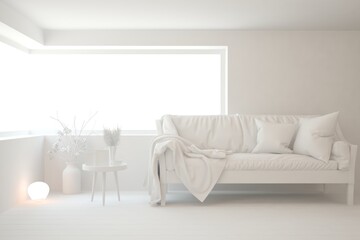 White minimalist living room with sofa. Scandinavian interior design. 3D illustration