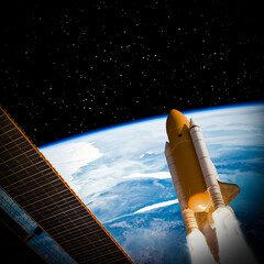 Naklejka premium Great flying of rocket in space. The elements of this image furnished by NASA.