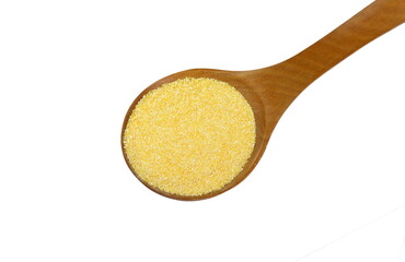 Polenta or corn flour isolated on white. heap of cornmeal isolated on white background. Corn grits. 