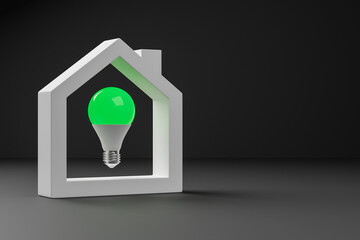 Green light bulb lit inside the silhouette of a house. Concept of energy saving and renewable energies. 3d render. - 427196209