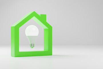 Light bulb inside the silhouette of a green house. Concept of energy saving and renewable energies. 3d render. - 427196210