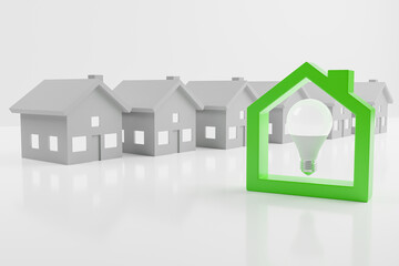Light bulb inside the silhouette of a green house next to a row of houses. Concept of energy saving and renewable energies. 3d Render. - 427196219