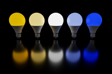 Row of light bulbs lit with warm and cool colors. Lighting concept and energy saving. 3d render. - 427196223