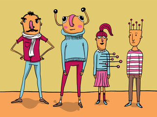 Group of four weird and offbeat characters. Hand drawn colorful illustration in vector format.