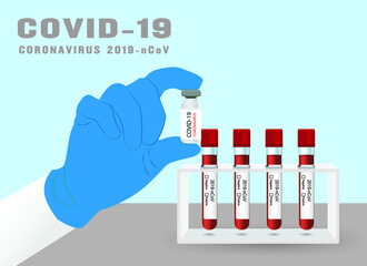 Coronavirus vaccine COVID-19. Small bottle in glove with blood in rack for 2019-nCoV analyzing.