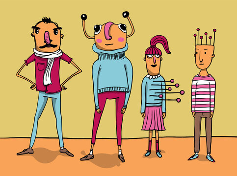 Group of four weird and offbeat characters. Hand drawn colorful illustration in vector format.