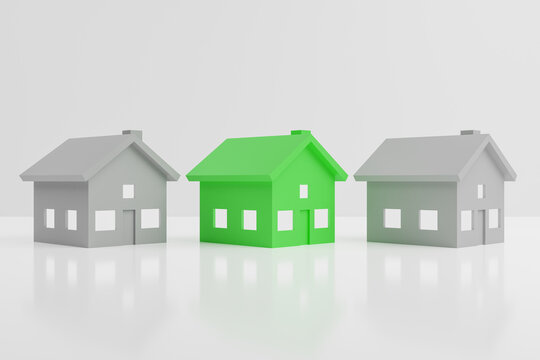 Row of gray houses with a green one in the center. Concept of energy saving and renewable energies. 3d Render.