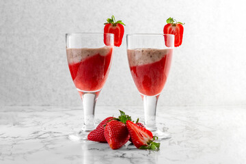 Strawberry and Strawberry Smoothie. Strawberry dessert. Light gray background. Place for your text.