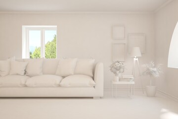 Mock up of stylish room in white color with sofa and green landscape in window. Scandinavian interior design. 3D illustration