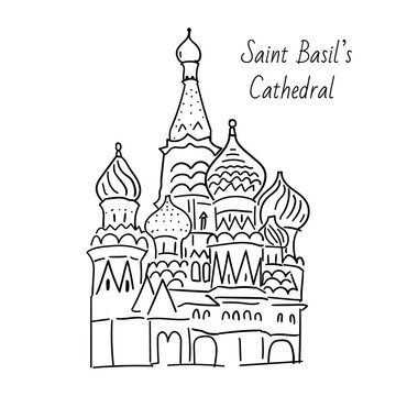 Hand drawn doodel sketch of Moscow landmarks. Saint Basil's cathedral on the Red square. black line on white background.