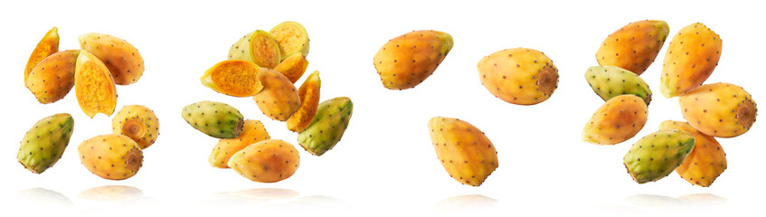 Creative image with fresh ripe yellow cactus fruit falling in the air