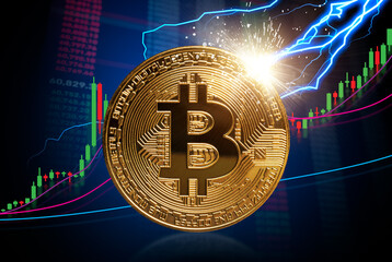 To the moon and Bitcoin stock growth concept: Strong increase of Bitcoin prices shown at...