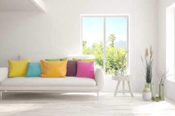 White living room with sofa and summer landscape in window. Scandinavian interior design. 3D illustration