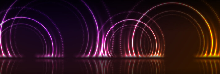 Orange and purple neon laser circles with reflection. Abstract technology background. Futuristic glowing vector banner design