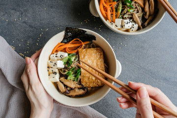 Homemade Japanese meal / Miso Soba Soup Noodle / Healthy and delicious, ideal for light eater, made from fresh ingredients