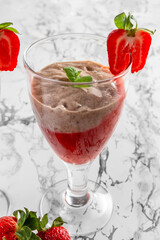 Strawberry and Strawberry Smoothie. Strawberry dessert. Light gray background. Place for your text.