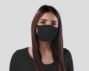 Black seamless mask mockup on dark haired girl