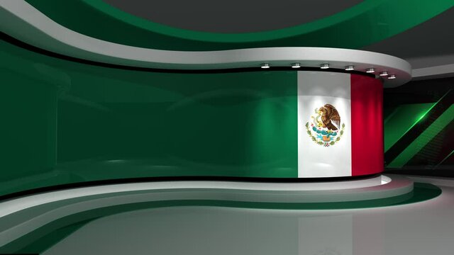 TV studio. Mexico. Mexican flag. News studio.  Loop animation. Background for any green screen or chroma key video production. 3d render. 3d 