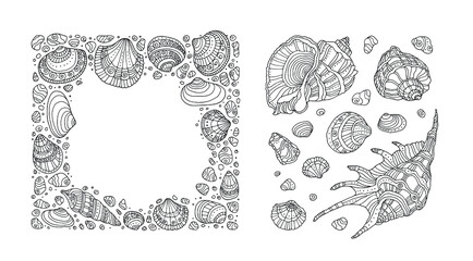 Sea shell border. Seashell pattern, clipart. Vector illustration. Zentangle, zen art. Coloring book page for adult. Hand drawn artwork. Black and white. Bohemian ethnic concept