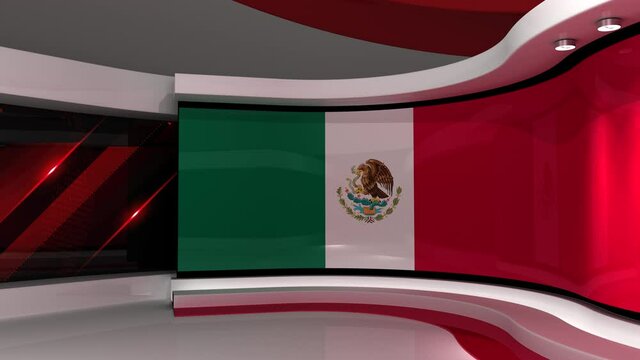 TV studio. Mexico. Mexican flag. News studio.  Loop animation. Background for any green screen or chroma key video production. 3d render. 3d 