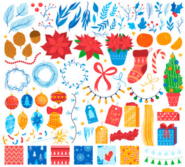 Set decor Christmas, balls for decoration, beautiful plants New Year, design cartoon style vector illustration, isolated on white.