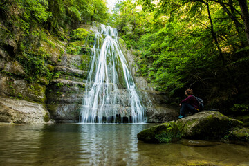Spring in Gorg De L Olla waterfall in La Garrotxa, Girona, Spain