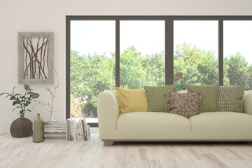 White living room with sofa and summer landscape in window. Scandinavian interior design. 3D illustration