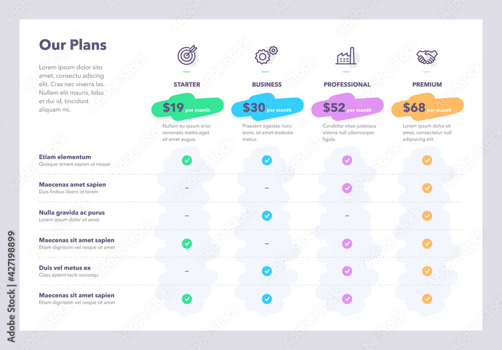 Poster Modern pricing comparison table with four subscription plans and place for description. Flat infographic design template for website or presentation.