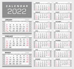 Calendar 2022. Wall quarterly calendar with week numbers. Week start from Sunday. Ready for print, color - Black, Red, Silver. Vector Illustration