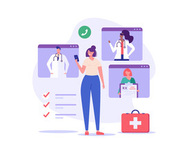 Woman standing with a phone in her hand and consulting with different doctors. Concept of online medicine, online diagnosis, personal doctor, health care. Vector illustration in flat design