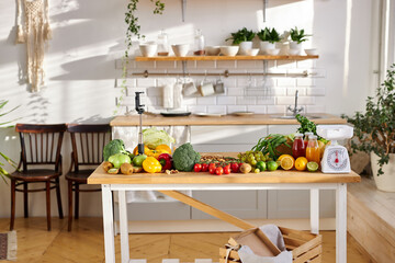 organic natural products, fresh food on table, copy space