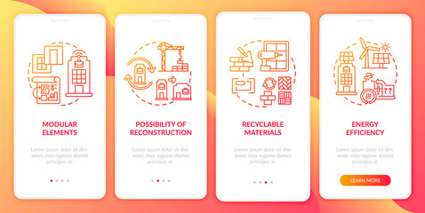 Future workplace building onboarding mobile app page screen with concepts. Modularity, efficiency walkthrough 4 steps graphic instructions. UI, UX, GUI vector template with linear color illustrations