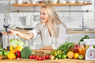 side view portrait of blonde caucasian female in shirt using smartphone recording online translation