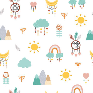 Vector boho ornament. Bohemian seamless pattern with stars, sun, mountains, dreamcatcher and clouds. Wild and free repeating background. Ethnic native American or tribal digital paper.
