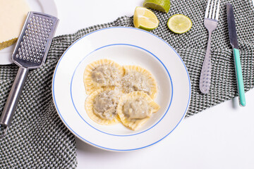 top view of delicious fresh homemade pasta on white background