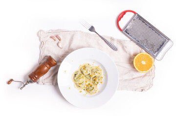 top view of delicious fresh homemade pasta on white background