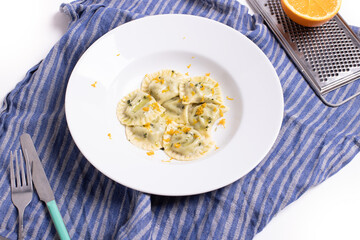 top view of delicious fresh homemade pasta on white background