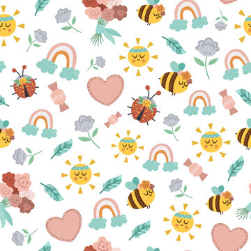 Vector boho ornament. Bohemian seamless pattern with kawaii sun, flowers, rainbow, bumblebee. Wild and free or holiday repeating background. Ethnic tribal digital paper for kids.
