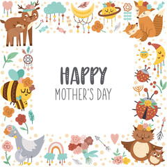 Vector square shaped frame with Mothers day elements. Family love concept. Design for banners, posters, invitations. Cute boho style holiday card template with forest animals, birds, flowers..