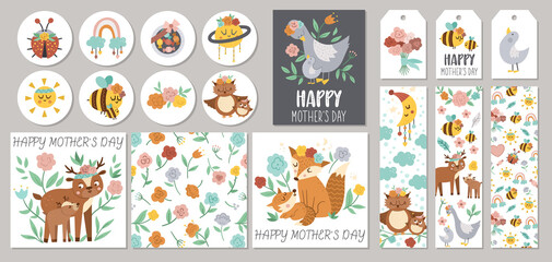 Cute set of Mothers day sale cards with cute forest baby animals and parents. Vector square, round, horizontal, vertical print templates. Holiday designs for tags, postcards, sale, scrapbooking.  .