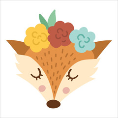 Vector cute wild animal face with flowers on head and closed eyes. Boho forest avatar. Funny fox illustration for kids. Woodland icon isolated on white background..