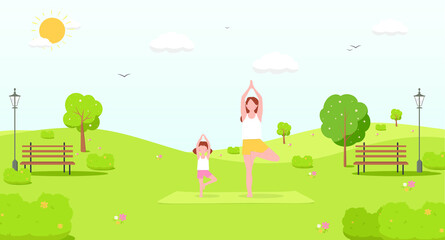 Happy mom and kid doing yoga in the park. Vector illustration of yoga nature. Healthy people lifestyle, sports exercise, eps 10