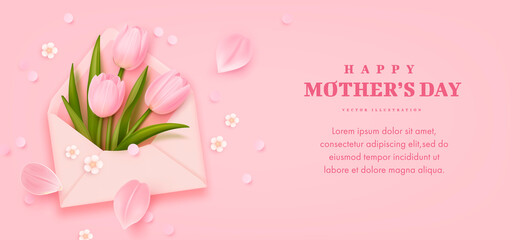 Mother's day horizontal banner with realistic envelope, tulip flowers and petals on pink background. Vector illustration