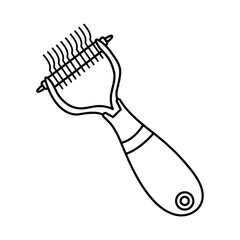 Isolated brush for wool with sharp teeth in doodle style. Brush for animal fur hand drawn. Pet accessory icon on white background. Vector illustration.