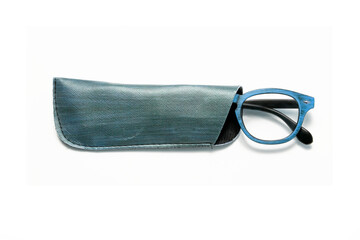 colored eyeglasses with case on a totally white background