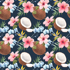 Beautiful seamless tropical pattern with watercolor hand drawn coconut, rose hibiscus and blue orchid. Stock illustration. © zenina