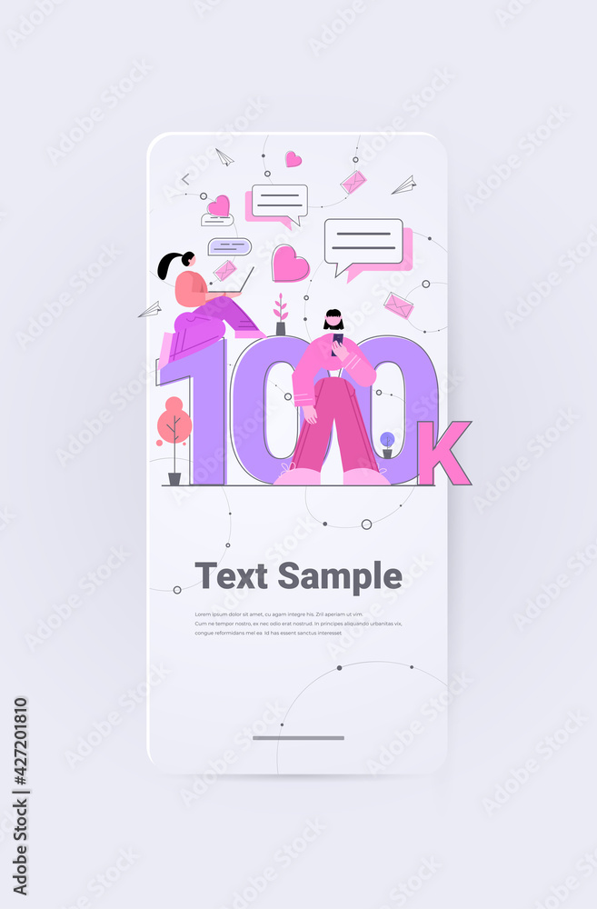 Poster bloggers getting score of 100k likes or followers blogging networking concept vertical